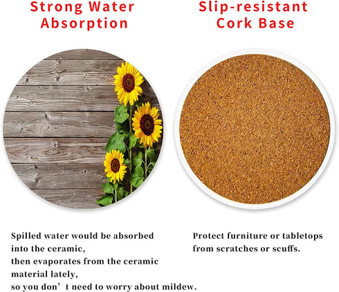 ZEREAA Sunflowers Absorbent Coasters for Drinks-Creamic Coaster with Holder, Set of 6 Wood Texture Ceramic Stone Cups Coaster with Cork Base for Coffee, Living Room Bar Office Table Decor