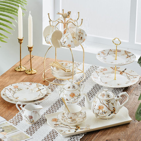 ROMANCE DAYS 3 Piece Porcelain Tea Cup and Saucer Set with Spoon Vintage Coffee Cup Set Flower Tea cup with gold Trim?6oz(brown)