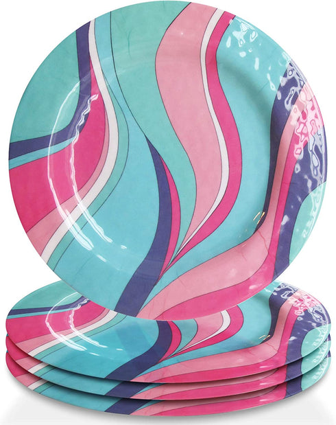 Trina Turk Melamine Set of 4 Plates Unbreakable, Lightweight Indoor & Outdoor Dinnerware Set for Home Entertaining, Barbecues, Picnics, Parties & Camping- BPA-Free, Salad, Wave