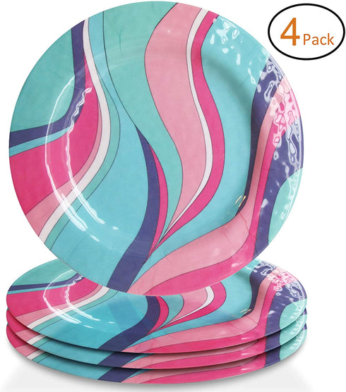 Trina Turk Melamine Set of 4 Plates Unbreakable, Lightweight Indoor & Outdoor Dinnerware Set for Home Entertaining, Barbecues, Picnics, Parties & Camping- BPA-Free, Salad, Wave
