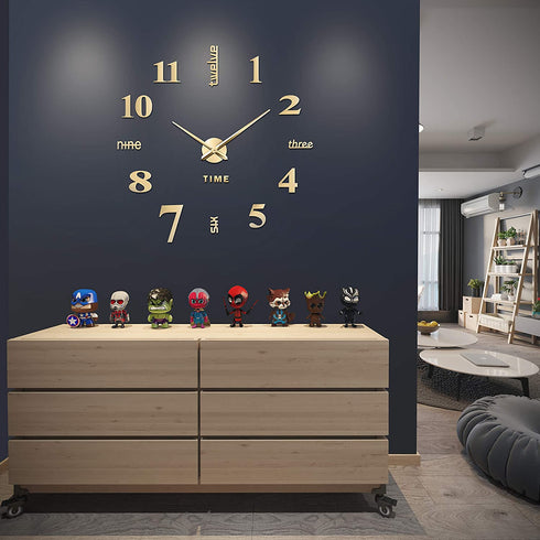 VREAONE Frameless DIY Wall Clock,Large Modern 3D Mirror Wall Clock Decor Sticker DIY Clock kit for Home Living Room Bedroom Office Wall Decorations(Gold)