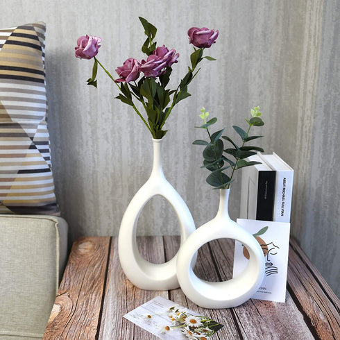 Samawi Modern Ceramic Vase for Decor Ceramic Vase Circle Donut Oval Vase Tall White Vase Hollow Vase Decorative vase for Table Kitchen Home