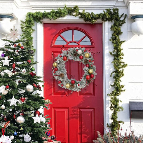 Artificial Christmas Wreath Front Door with Frosted Branches Ball Ornaments Berry Clusters Pine Cones 20 inches for Xmas Holiday Decor Outdoor