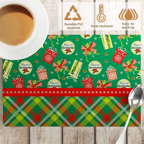 Table Placemats Kitchen Dining Place Mats Wipeable Dinner Mats Green Christmas New Year Table Mat Square, Set of 4 Washable Placemat, 45 x 30 cm