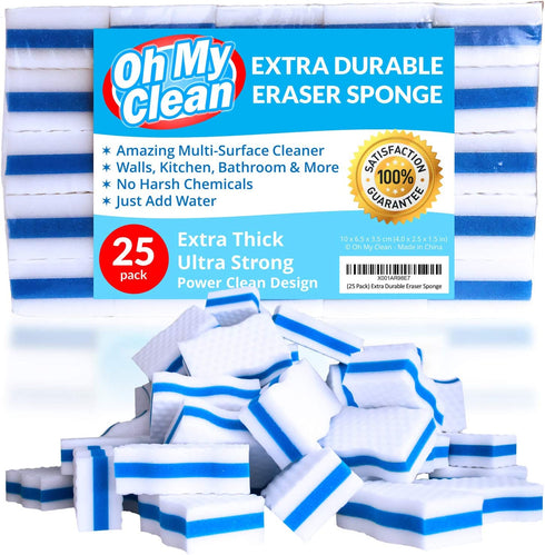(25 Pack) Extra Durable Eraser Sponge - Extra Thick, Long Lasting, Premium Melamine Sponges in Bulk - Multi-Purpose Power Scrubber - Bathroom, Kitchen, Floor, Bathtub, Toilet, Baseboard, Wall Cleaner