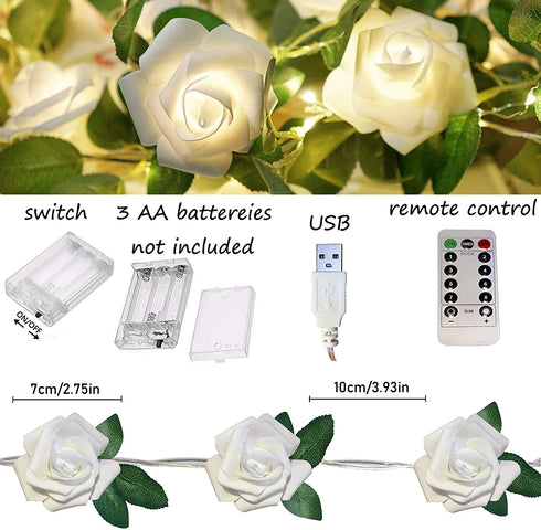 Rose String Lights Battery Powered or USB Powered with Remote Control, Rose Fairy Lights Waterproof for Bedroom, Christmas, Festivals, Wedding, Party, Valentine's Day (White, 6.6)