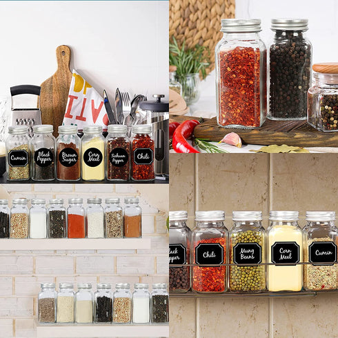 CycleMore 15 Pcs 6oz Glass Spice Jars Bottles, Square Spice Containers with Silver Metal Caps and Pour/Sift Shaker Lid-40 Blank Black Labels,1 Collapsible Funnel,1 Brushes and 1 Pen Included