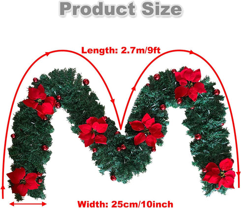 IronBuddy 9ft Lighted Christmas Garland Artificial Pine Garland with 30 LEDs 6 Flowers and 30 Ball Ornaments Mantle Garland Greenery Garland for Christmas Holiday Party Wedding Home Decor (Red)