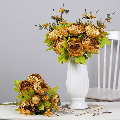 JUSTOYOU 2 Bunches Artificial Peonies, 12 Heads Faux Peony Flowers, Peonies Flowers for Decoration, Silk Flowers Bulk, Flores Artificiales para Decoracion, for Wedding, Party Decor (Gold)
