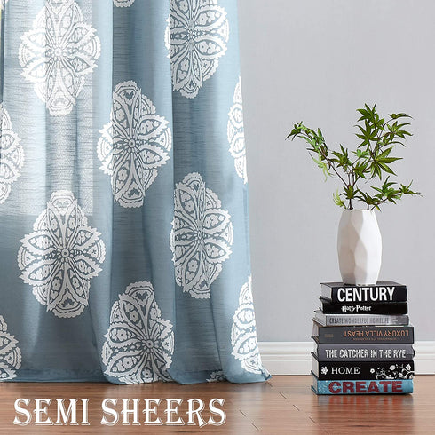 Treatmentex White and Blue Semi-Sheer Curtains for Living Room 84" Floral Medallion Print Window Panels Grommet Top 2 Pc