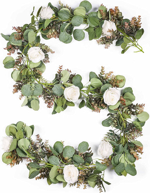 TOPHOUSE Artificial White Rose Garland 6.5ft Eucalyptus Flower Garland Real Touch White Rose Vine for Mantle Table Centerpiece