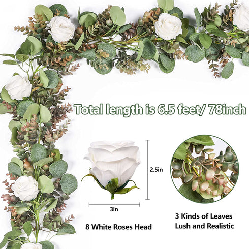TOPHOUSE Artificial White Rose Garland 6.5ft Eucalyptus Flower Garland Real Touch White Rose Vine for Mantle Table Centerpiece