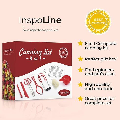InspoLine Canning Kit Canning Supplies Starter Kit 8 in 1 Ultimate Kit with Jar and Lid Lifter, Canning Tongs, Jar Wrench, Funnel, Bubble Remover Tool, Canning Rack Home Canning Tools Set