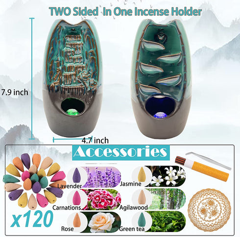 Zvaiuk 2 Sides LED Waterfall Incense Burner?Ceramic Backflow Incense Holder , Fountain Smoke Incense Holder with 120 Incense Cones & 50 Incense Stick, Aromatherapy Ornament Home Decor(Blue)