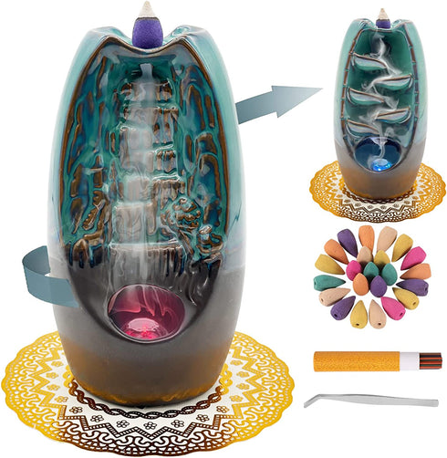 Zvaiuk 2 Sides LED Waterfall Incense Burner?Ceramic Backflow Incense Holder , Fountain Smoke Incense Holder with 120 Incense Cones & 50 Incense Stick, Aromatherapy Ornament Home Decor(Blue)