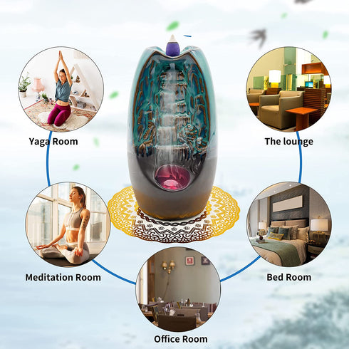 Zvaiuk 2 Sides LED Waterfall Incense Burner?Ceramic Backflow Incense Holder , Fountain Smoke Incense Holder with 120 Incense Cones & 50 Incense Stick, Aromatherapy Ornament Home Decor(Blue)