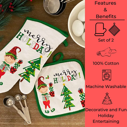Elrene Home Fashions Elf Naughty or Nice Oven Mitt and Pot Holder Gift Set of 2, 7 in x 13 8 in x 8, Multi