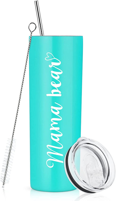 Mom Gifts - Mama Bear Skinny Travel Tumbler, Double Wall Insulated Tumbler with Lid and Straw for Mom, New Mom, Mom to be, Wife - Great Gift Idea for Mother's Day Birthday Christmas (Aqua Blue)
