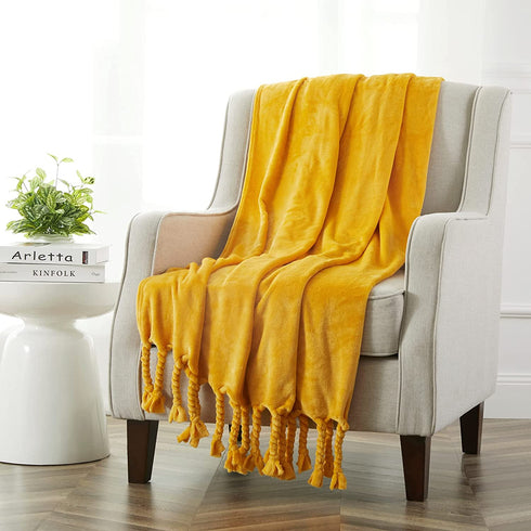 Homiest Fleece Throw Blanket with Fringe, Soft & Cozy Flannel Burnt Yellow Throw Blanket, Lightweight Decorative Throw Blanket for Sofa Bed Chair All Season (Mustard Yellow, 50 x 60 Inch)