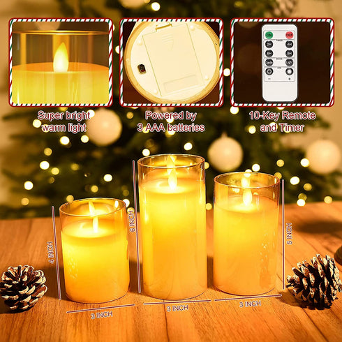 AQUEENLY Christmas Flameless Candles with Timer Led Candles with Remote Glass Battery Operated Candles with Flickering Flame for Christmas Table Decorations (Gold, 3 Pack, D 3'' H 4''5''6'')