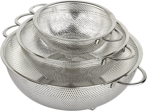 HLM 3-Piece Stainless Steel Mesh Micro-Perforated Strainer Colander Set (1-Quart, 2.5-Quart and 4.5-Quart)