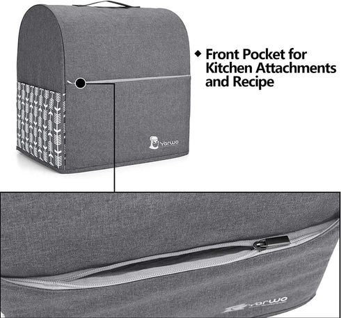 Yarwo Stand Mixer Cover Compatible with 4.5 qt and All 5 qt KitchenAid Mixer, Protective Dust Cover with Top Handle and Pockets for Accessories, Gray with Arrow