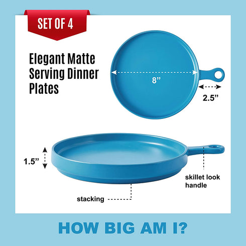 Dinner Plates Plate Set of 4, Ceramic 8 Inch Dinner Plates, Elegant Matte Serving Dinner Plates With Skillet Look Handle for Pizza, Steak, Pasta, Salad, Serving Trays, Blue