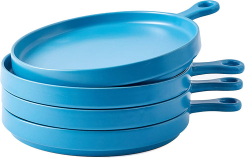 Dinner Plates Plate Set of 4, Ceramic 8 Inch Dinner Plates, Elegant Matte Serving Dinner Plates With Skillet Look Handle for Pizza, Steak, Pasta, Salad, Serving Trays, Blue