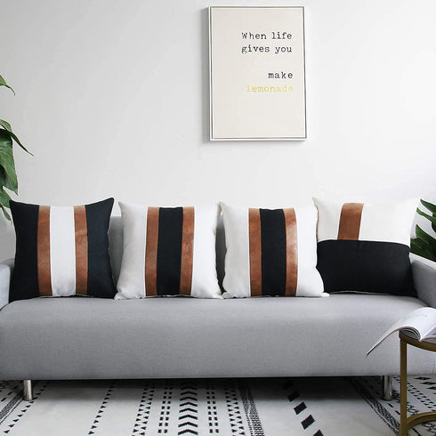 Pyonic Set of 2 Faux Leather Throw Pillow Covers 18x18 Inch Black and White Modern Farmhouse Pillow Covers Decorative Linen Stripe Accent Cushion Covers for Couch Sofa