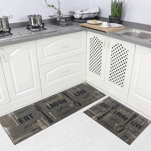 Carvapet 2 Piece Kitchen Rug Set Non-Slip Backing Mat Throw Rug for Kitchen Doormat Runner Rug Set, Motto Design, Taupe(17"x48"+17"x24")