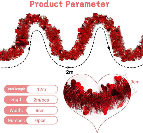 Valentines Day Red Heart Tinsel Garland, 39.3 ft Valentines Decor, Red Shiny Garland, Hanging Metallic Tinsel Ornaments, Valentines Day Decorations for Tree Wreath Wedding Party Decoration Supplies