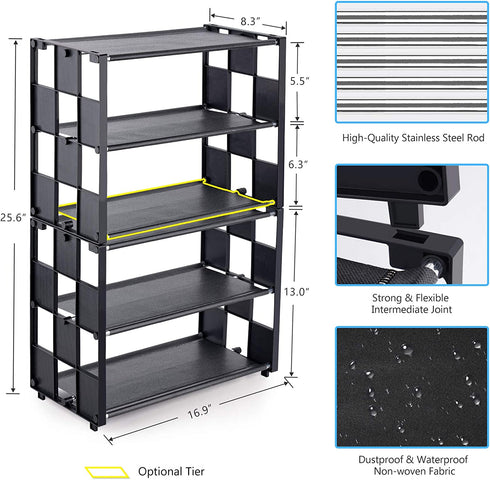 NiHome 5-Tier Shoe Rack Stackable and Adjustable Lightweight Space Saving Metal Shoe Organizer, Small 10 Pairs Shoe Storage Shelf Free Standing for Closet Hallway Entryway Living Room Bedroom (Black)