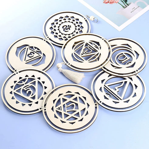Mornajina 7 Chakra Wood Meditation Hanging Decorative, Sacred Geometry Wall Art, Yoga Wooden Grid Art Symbol for Bedroom, Home, Apartment, Living Room, Spiritual Gifts