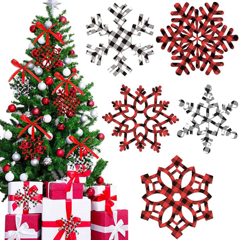 60 Pieces Christmas Snowflakes Cutouts Ornaments Red White Black Buffalo Plaid Christmas Snowflake Paper Cutouts with Ribbon for Christmas Party Decor Accessories (Simple Style)