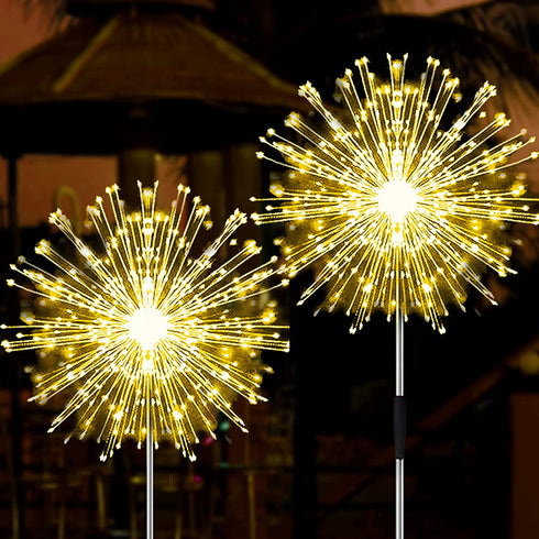 JJGoo Solar Garden Lights, 2 Pack 120 LEDs 2 Lighting Modes Waterproof Fireworks Light for Outdoor Patio Walkway Pathway Decorative - Warm White