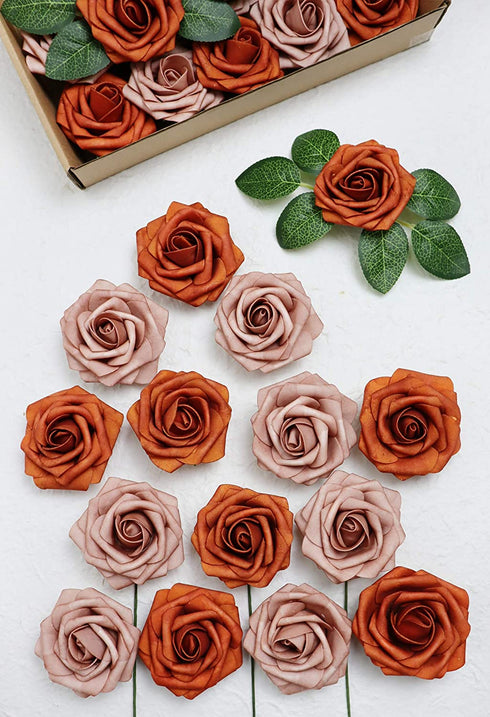 Medoliya Artificial Flowers 25PCS Real Looking Foam Roses Fake Roses with Stems for DIY Wedding Bouquets Centerpieces Baby Shower Party Home Decorations (Burnt Orange & Warm Taupe)