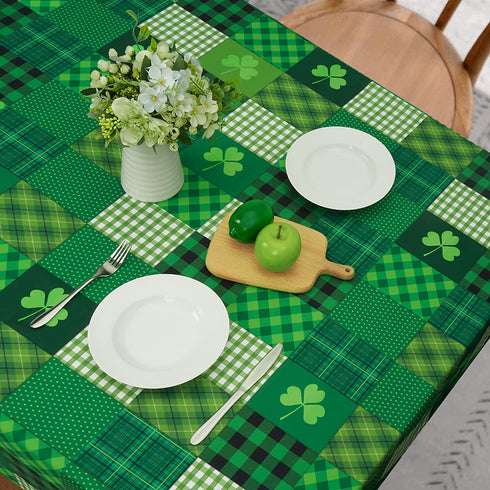 St. Patricks Day Tablecloth, Green Lucky Shamrock Table Cloth, Buffalo Plaid Checkered Tablecloths, Four Leaf Clovers Waterproof Tablecloth Square for Dinner Party Decoration, 55 x 55 inch