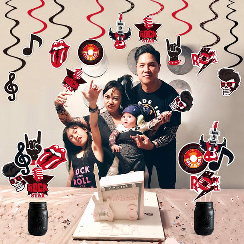 Rock and Roll Party Decorations Set Born to Rock Glitter Banner Rock and Roll Hanging Swirls Rock Star Centerpiece Sticks 1950's Rock and Roll Party Decorations Music Theme Baby 1st Birthday Party Supplies 50s 60s Rock Party Favors Record Wall Decor