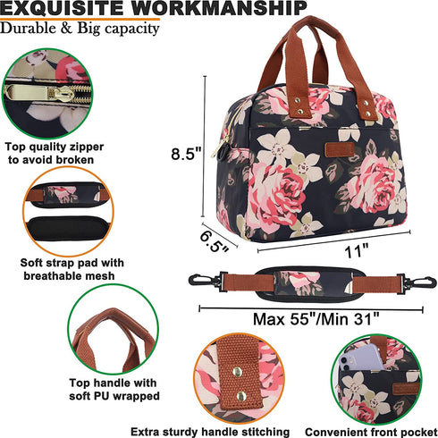 ELONGRIVER Lunch Box for Women Insulated Lunch Bag with Adjustable Shoulder Strap Office Work School Picnic Tote Lunch Bag