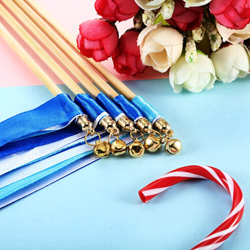 40 Pieces Mix Color Ribbon Wands Sticks with Bell Fairy Stick Party Streamers for Wedding Party (White, Blue, Light Blue)
