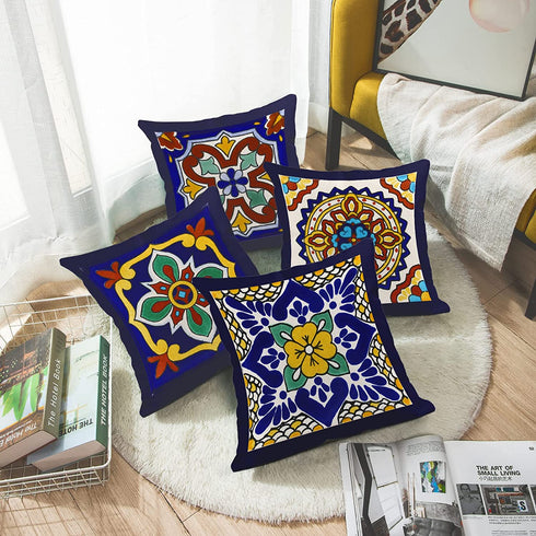 Semtomn Set of 4 Linen Throw Pillow Covers Spanish Talavera Exotic Geometry Dark Retro Ethnic Home Decorative 20"x20" Flax Pillow Cases Cushion Square Pillowcases