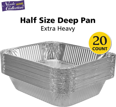 Aluminum Pans Half Size, 9X13, Extra Heavy Duty Disposable Foil Pans For Baking (20 Pack) Roasting & Chafing, Deep Tin Foil Bakeware, Steam Table Tray, Cookware, Food Prepping, Cake & Oven Pan