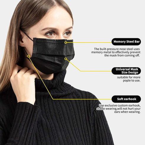 50pcs Black Masks Face Breathable Dust Filter Masks Mouth Cover Disposable Masks with Elastic Ear Loop for Men & Women (Pack of 50 PCS)
