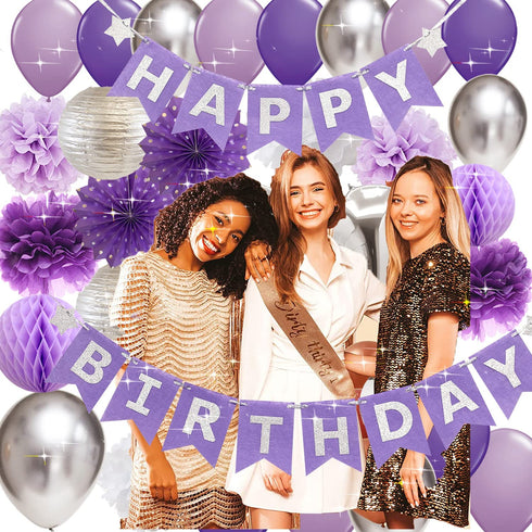 Birthday Party Decorations for Women Purple Silver Happy Birthday Banner Purple Silver Latex Balloons Polka Dot Paper Fans/Girl Purple Birthday Decorations for Women 30th/40th/50th/60th Purple Birthday Party Decorations