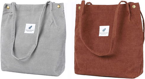 2Pcs Corduroy Tote Bags, Etercycle Women's Casual Shoulder Bag Big Capacity Reusable Grocery Handbags with Inner Pocket For Work Beach Lunch Travel And Shopping