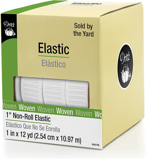 Dritz 9407W Non-Roll Woven Elastic, White, 1-Inch by 12-Yard