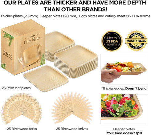 Palm Leaf Plates Biodegradable Plates Wood Plates Eco Friendly Disposable Plates with 25 Wooden Forks Knives for Dinner Outdoor Wedding Picnic Party 10 inch Square Pack Of 25