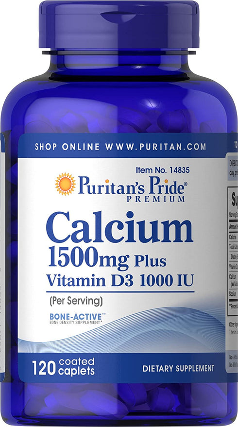 Puritan's Pride Calcium 1500 mg with Vitamin D 1000 IU-120 Coated Caplets, 120 Count (Pack of 1) (14835)