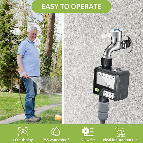 KGDJS Sprinkler Timer, Rain Sensor Water Timer Garden Outdoor Hose with Manual/Automatic/Rain Delay Watering System, Hose Timer with Six Irrigation Modes Memory for Lawn, Garden, Black