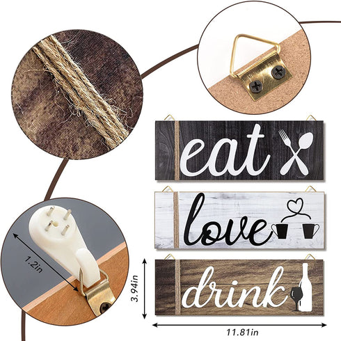 9PCS Kitchen Wall Decor Wooden Home Signs, Rustic Love Drink Eat Signs Kitchen Decor Home Wall Plaque with Hanging Hole and Invisible Nails, Kitchen Art Dining Room Bar Cafe Decoration